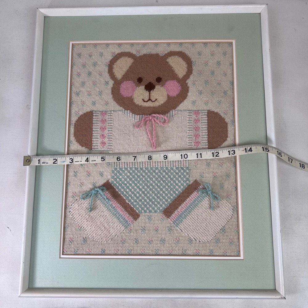 Framed Teddy Bear Needlepoint Art Pastel Nursery Decor‎ Baby Room Embroidery - Picture 5 of 8